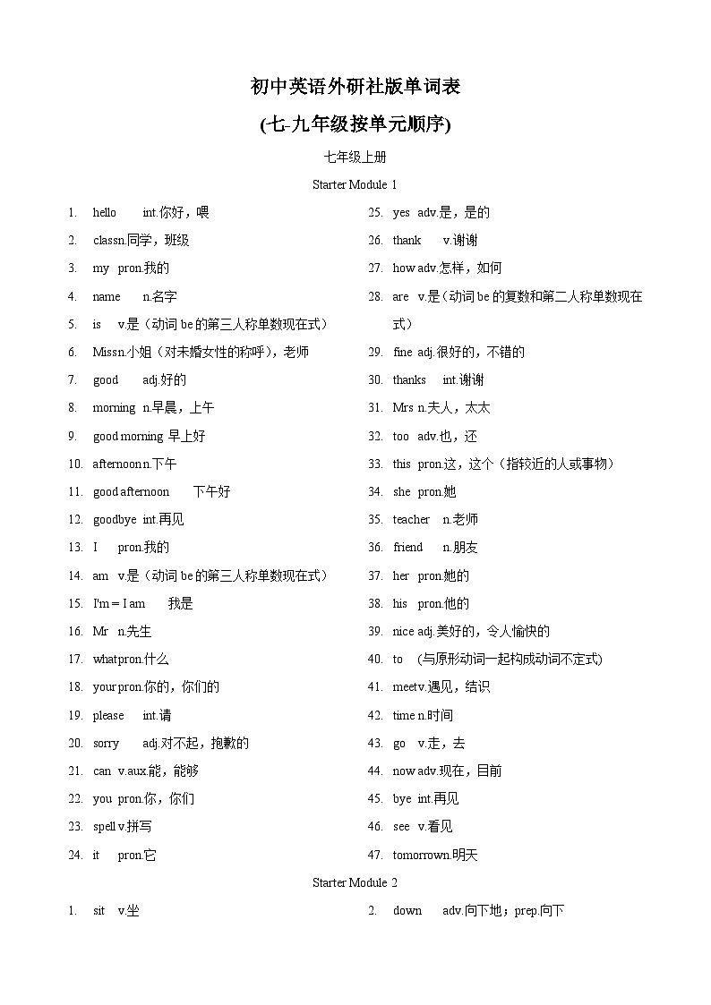 专题3.初中英语外研版单词表单词表(按单元顺序)(七年级至九年级)（背诵版）第1页