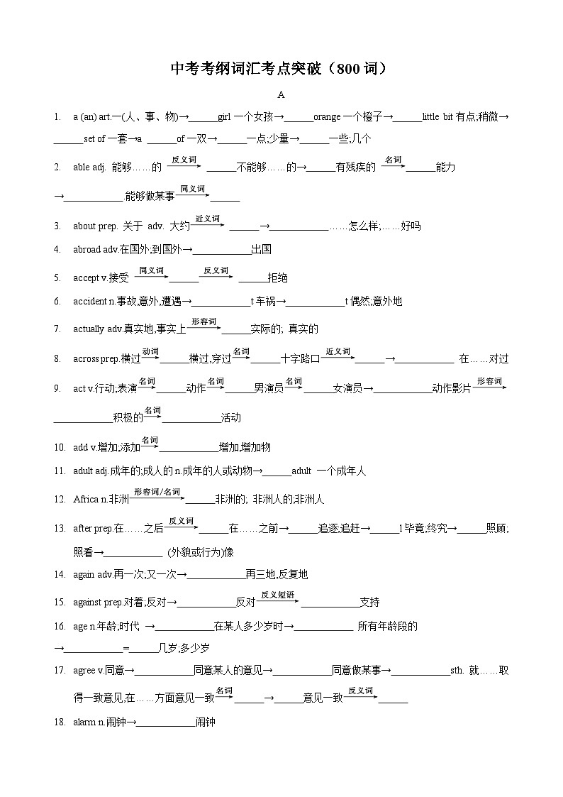 专题06 中考考纲词汇考点突破（800词）-【一轮复习】备战2024年中考英语一轮复习讲义（人教版）01