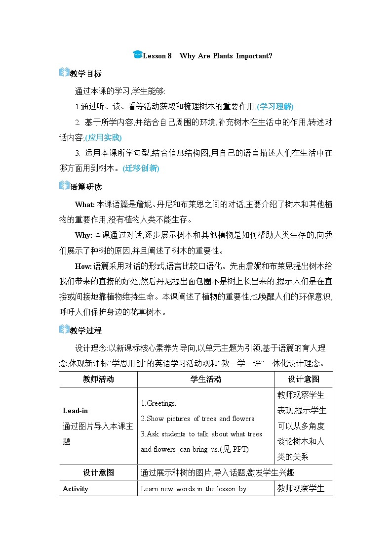 Lesson 8 Why Are Plants Important？精品教案（冀教版八下）01