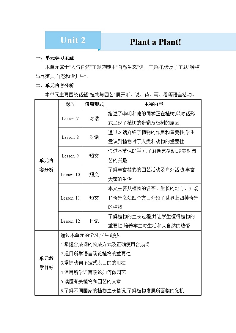 Unit 2 Plant a Plant!精品教案（冀教版八下）01