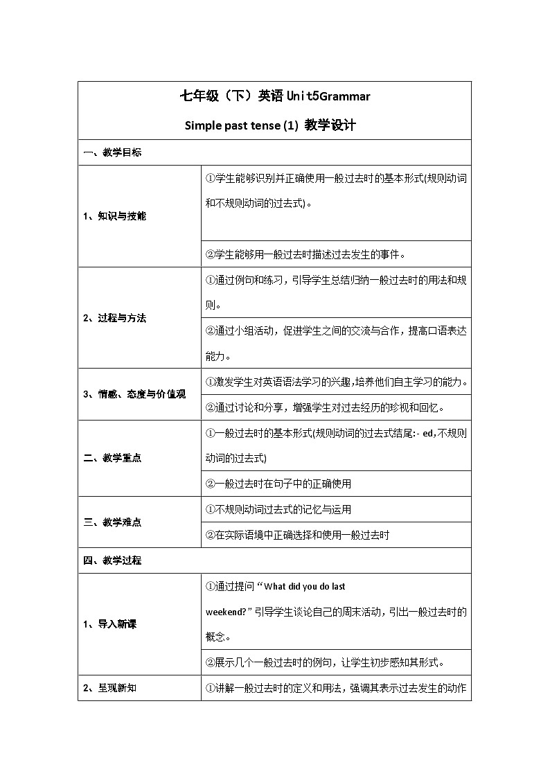 江苏省牛津译林版七年级（下）英语Unit5Grammar Simple past tense(1)教学设计01