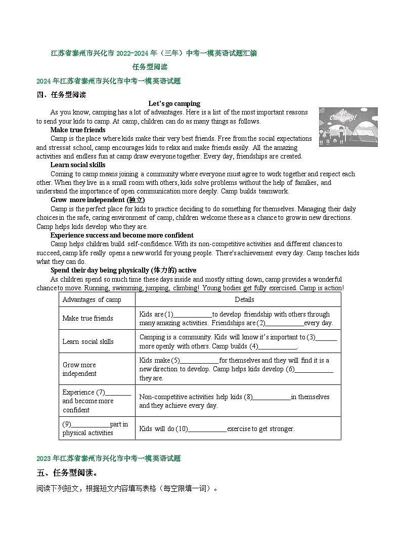 江苏省泰州市兴化市2022-2024年（三年）中考一模英语试题汇编：任务型阅读第1页