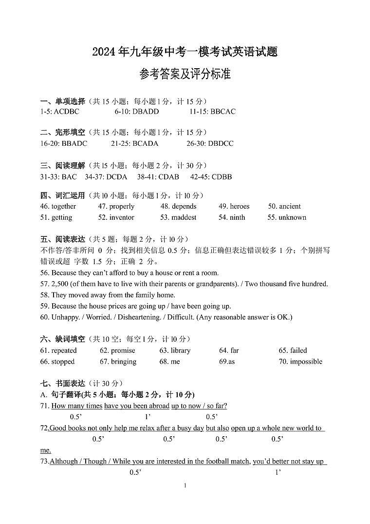 2024年江苏省扬州市广陵区中考一模英语试题01