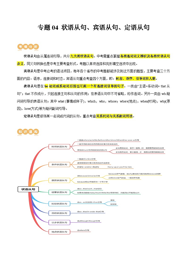 专题04 状语从句、宾语从句、定语从句 （讲练）-2024年中考英语二轮复习讲练测（浙江专用）01