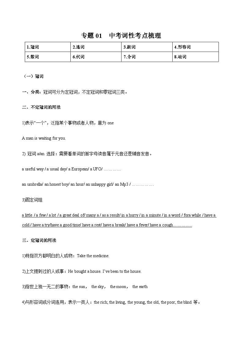 专题01  中考词性考点梳理 -【查漏补缺】2024年中考英语复习冲刺过关（江苏专用）第1页