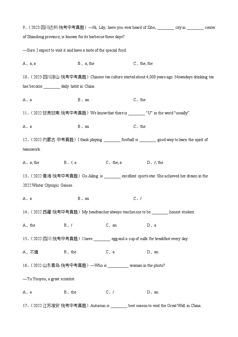 2024年中考英语单项选择题分类训练专题09冠词（学生版）第2页