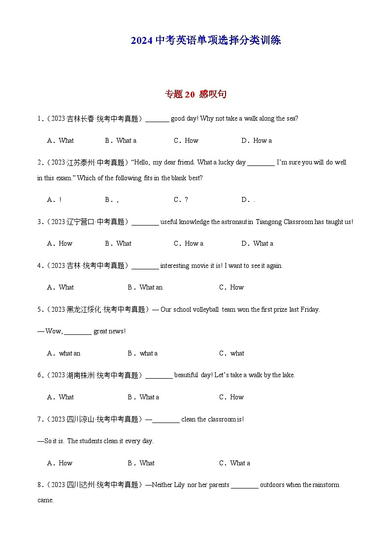 2024年中考英语单项选择题分类训练专题20感叹句（教师版）第1页