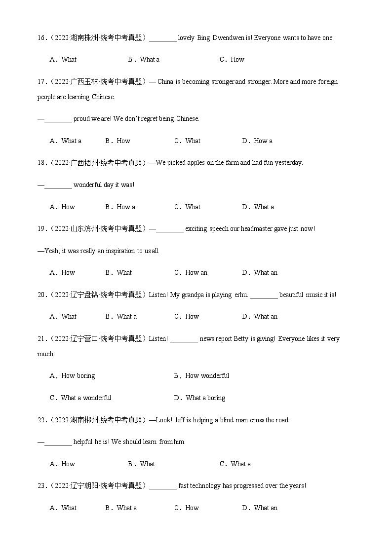 2024年中考英语单项选择题分类训练专题20感叹句（教师版）第3页