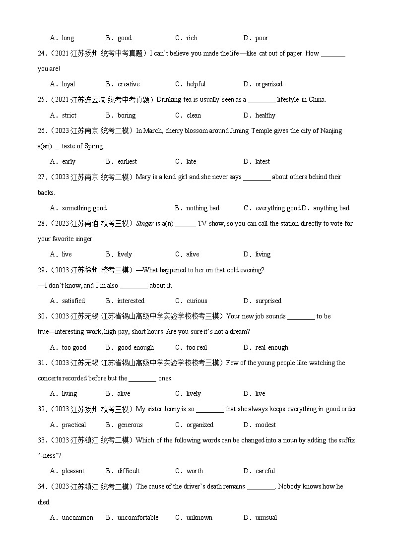 专题14 形容词辨析-备战2024年中考英语常考语法点+题型练习（中考真题+名校最新真题）（江苏专用）第3页