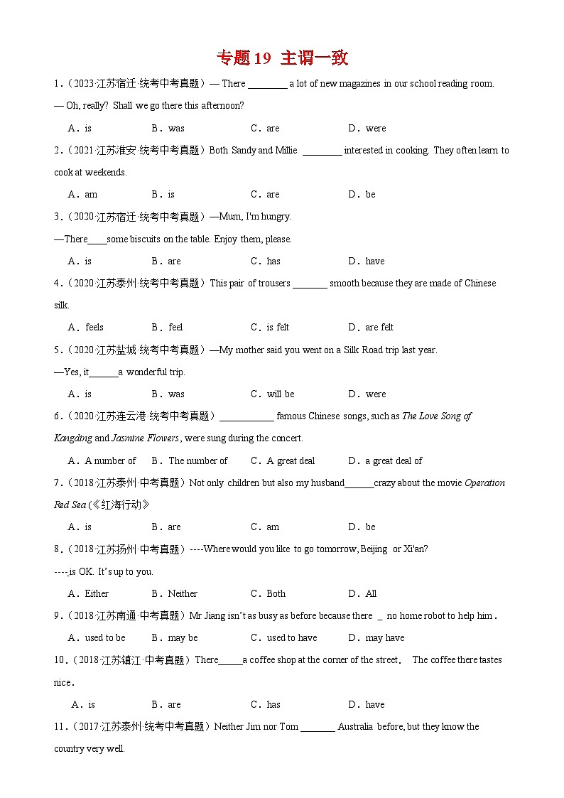专题19 主谓一致-备战2024年中考英语常考语法点+题型练习（中考真题+名校最新真题）（江苏专用）第1页