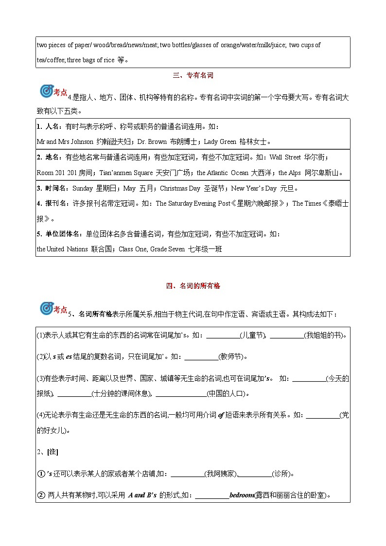 2024届中考英语语法复习专题1名词考点聚焦和精讲（原卷版）第3页