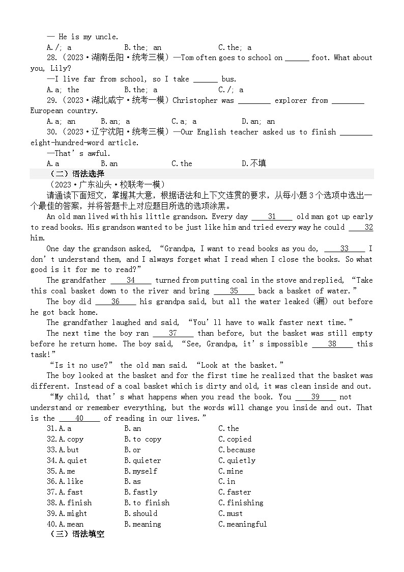 初中英语2024届中考复习冠词专项练习（模拟练习+真题练习）（附参考答案和解析）第3页