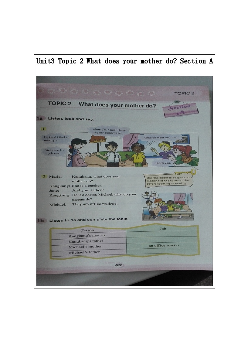 仁爱版英语七年级上册 Unit 3 getting together Topic 2 What does your mother do Section A 教案第1页