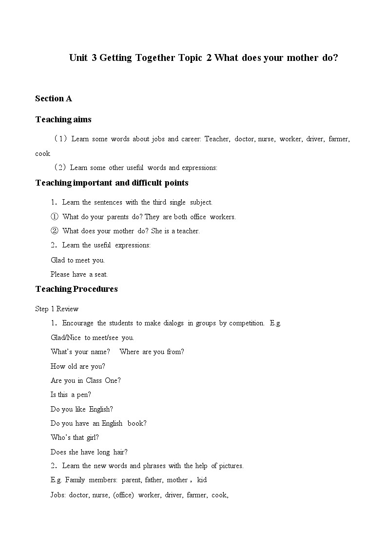 仁爱版英语七年级上册 Unit 3 getting together Topic 2. What do your mother do_教案1 教案01