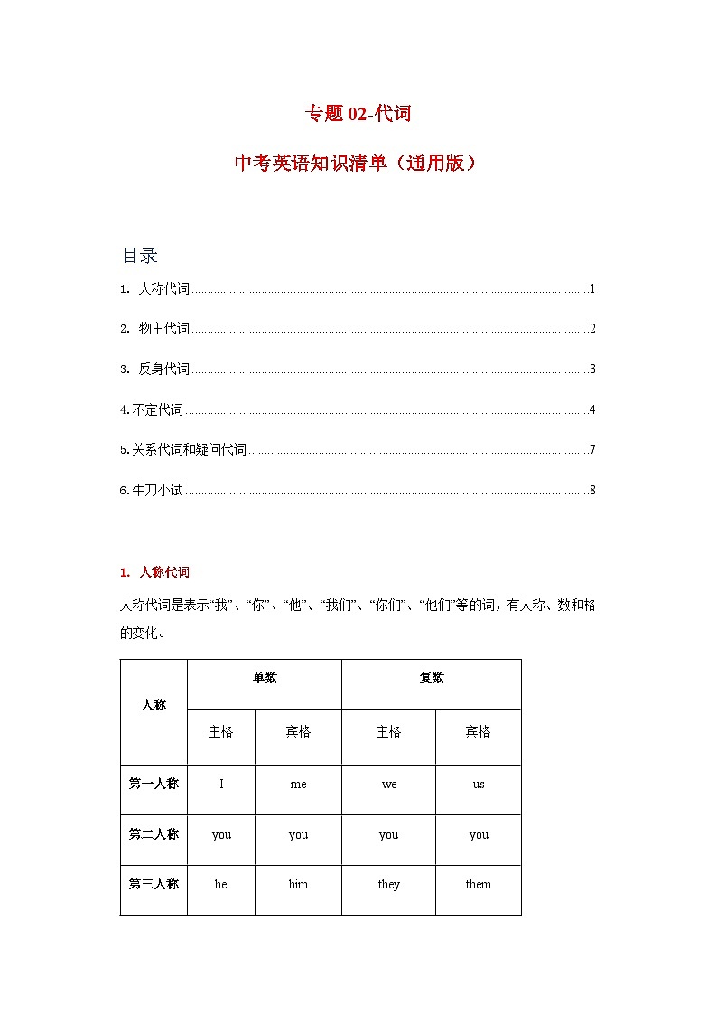 中考英语复习知识点练专题02代词（原卷版）第1页
