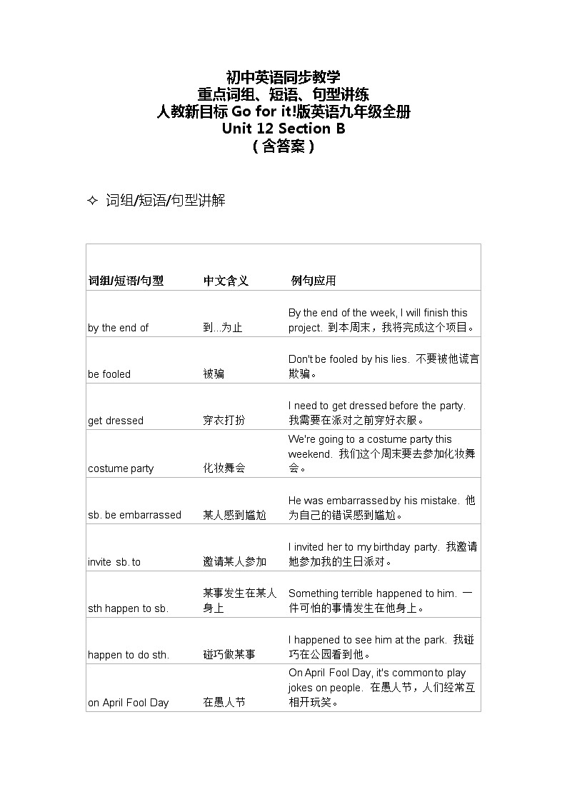 Unit 12 Section B 重点词组短语句型讲解练习  人教新目标Go for it!版英语九年级全册第1页