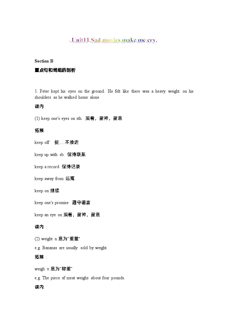 Unit11 Section B 重点句；重点词组的剖析+课后练习  人教版英语九年级全册第1页