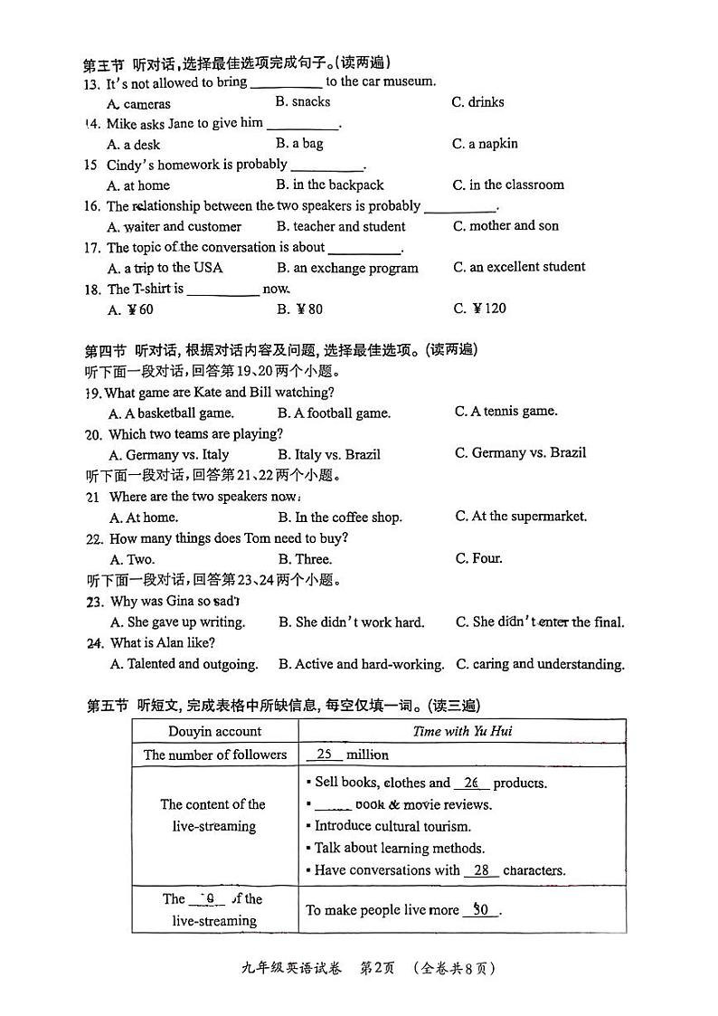 2024年贵州省遵义市红花岗区中考一模考试英语试题02
