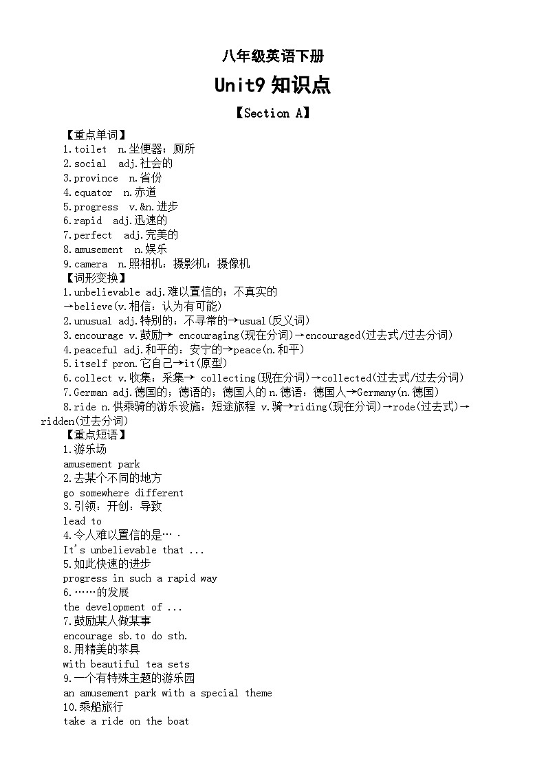 初中英语人教新目标八年级下册Unit 9知识点（重点单词+词形变换+重点短语+重点句型）第1页