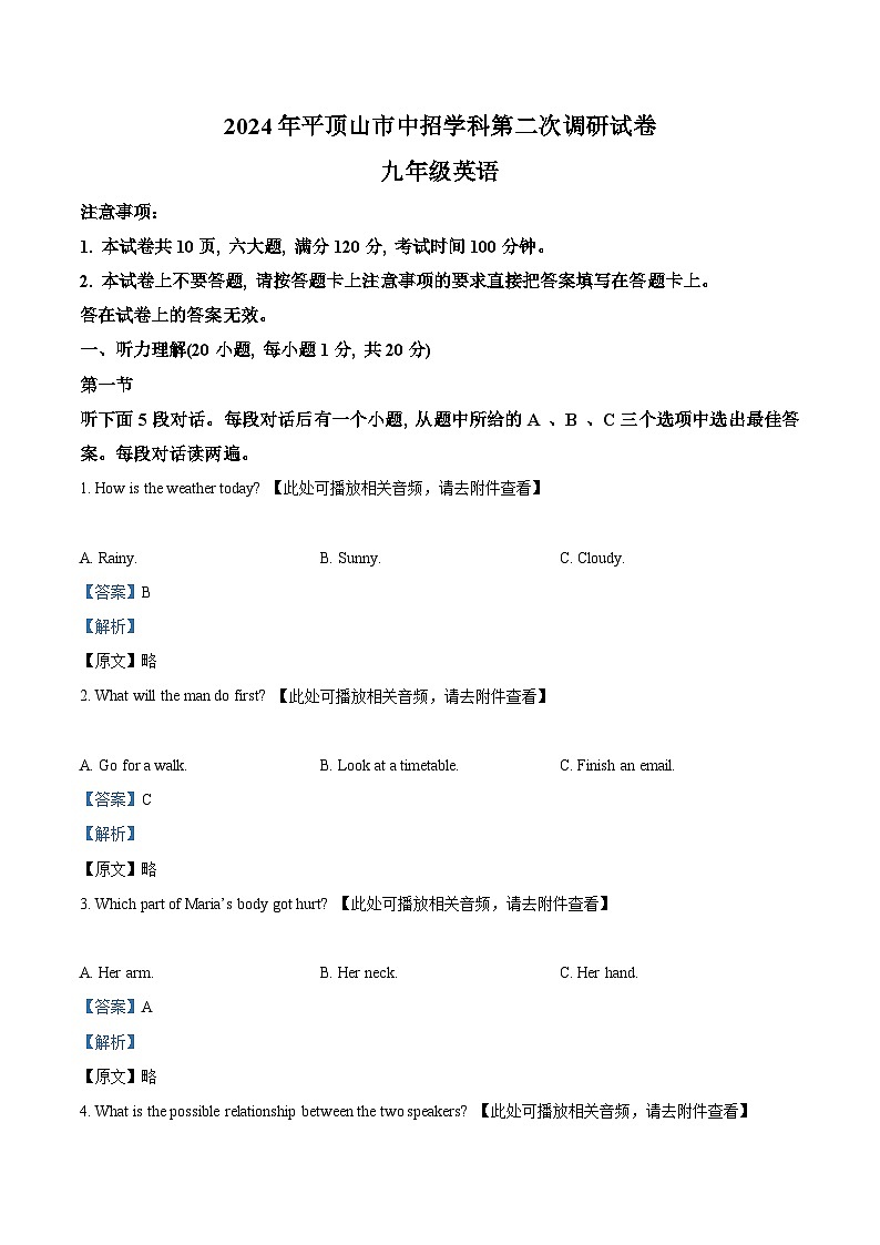 2024年河南省平顶山市中考二模英语试题（含听力）（解析版）第1页