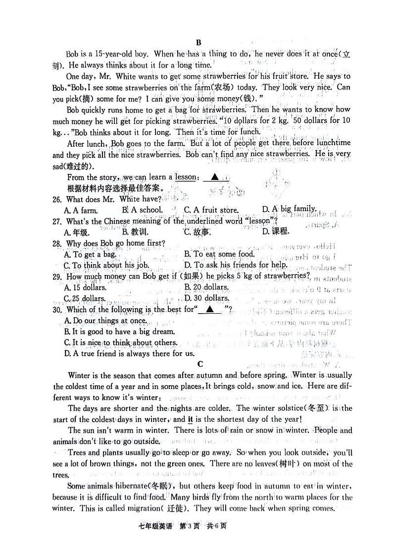 河南省新乡市辉县市2023-2024学年七年级下学期4月期中考试英语试题第3页