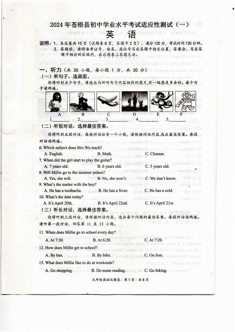 2024年广西壮族自治区梧州市苍梧县中考一模英语试题01