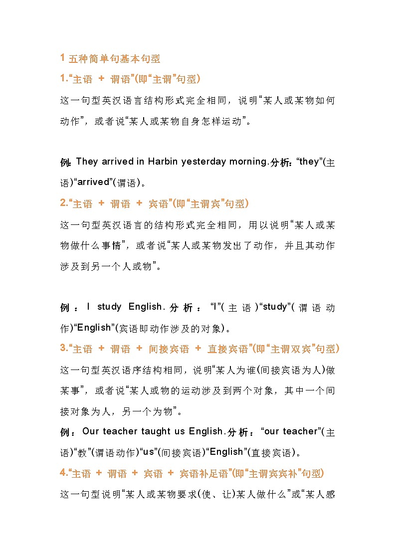 初中英语考试五种基本句型及句子成分名词解释第1页
