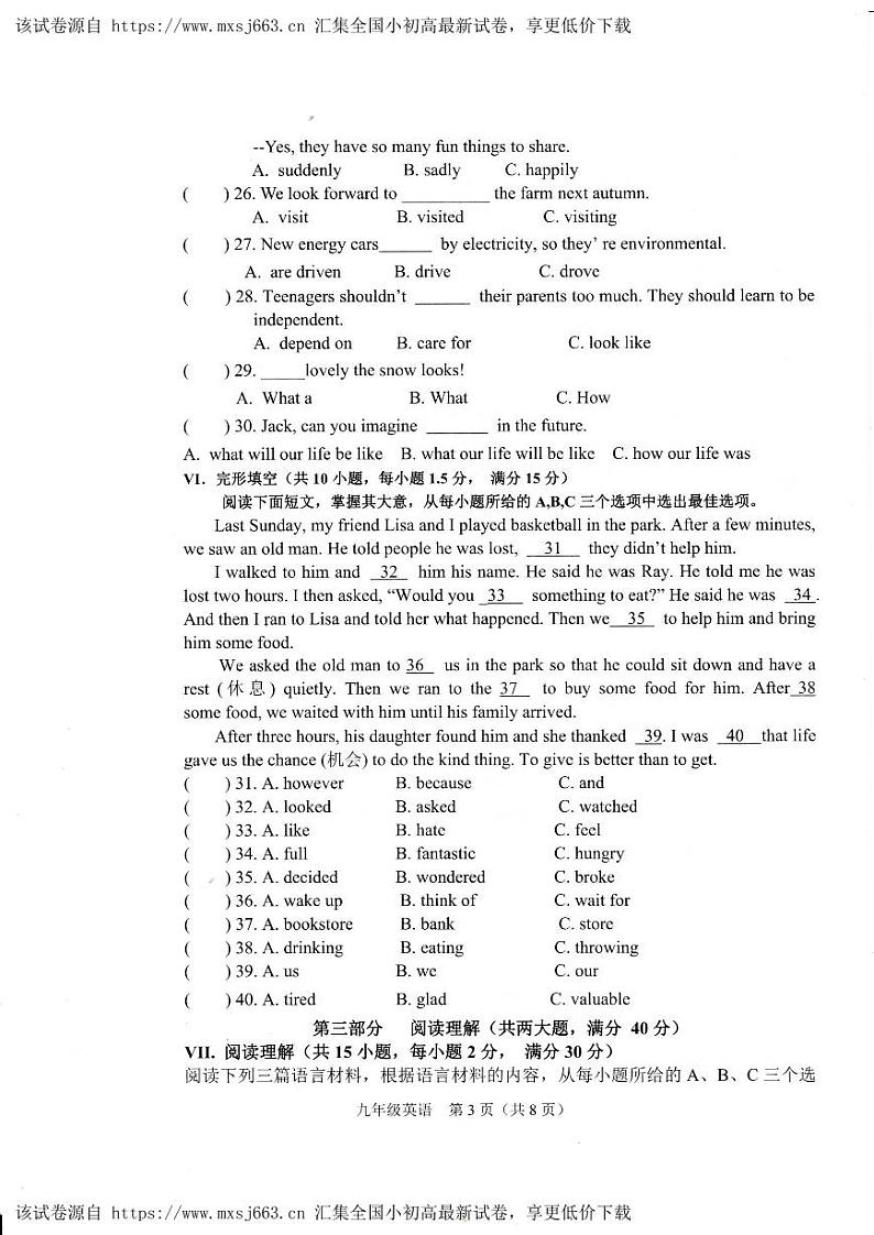 2024年海南省省直辖县级行政单位澄迈县九年级下学期一模英语试题第3页