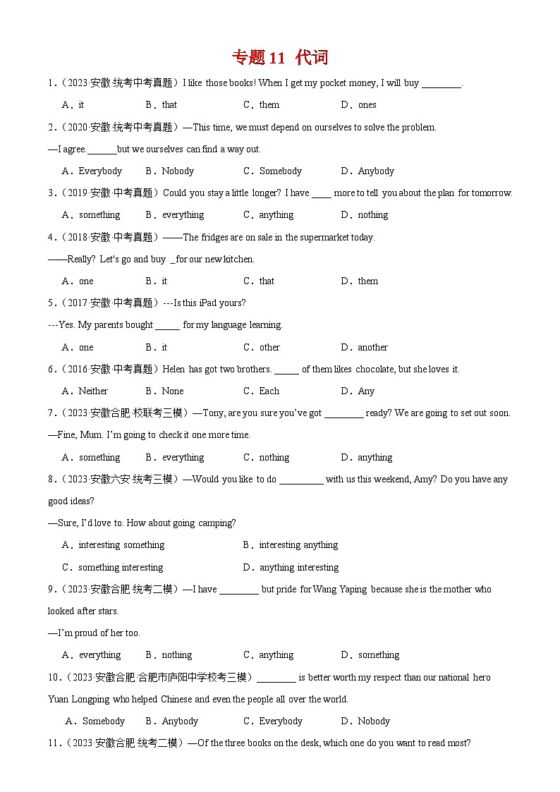 专题11 代词-备战2024年中考英语常考语法点+题型练习(中考真题+名校最新真题)(安徽专用)01