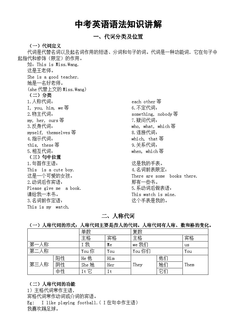 初中英语2024届中考语法知识讲解（代词分类及位置+人称代词）01