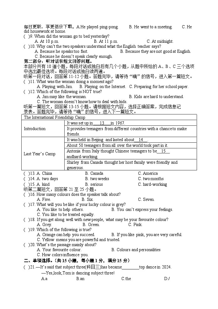 江苏省宿迁市钟吾初中2024年中考英语模拟练习202