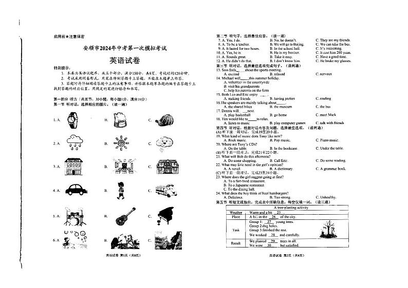 贵州省安顺市2024年九年级中考第一次模拟考试英语试题第1页