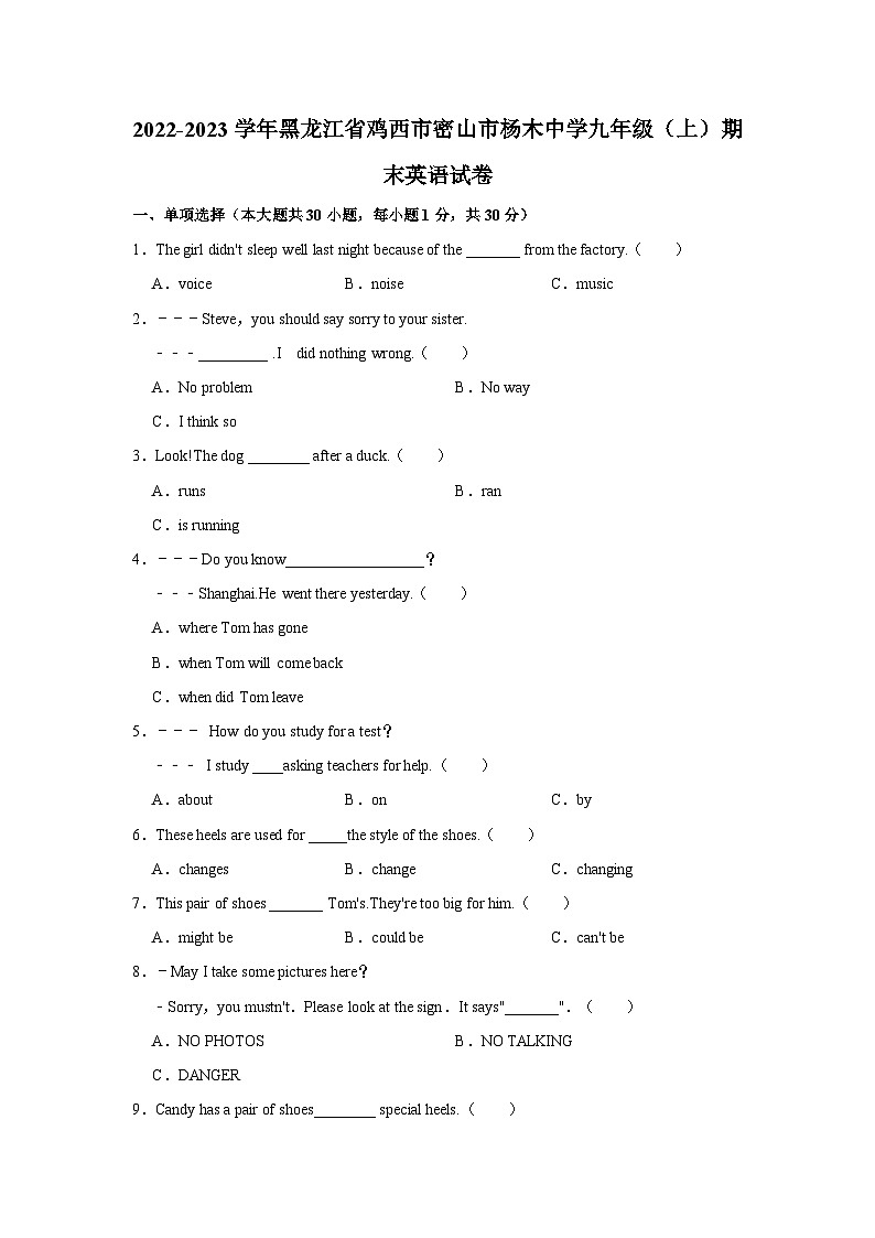 2022-2023学年黑龙江省鸡西市密山市杨木中学九年级（上）期末英语试卷第1页