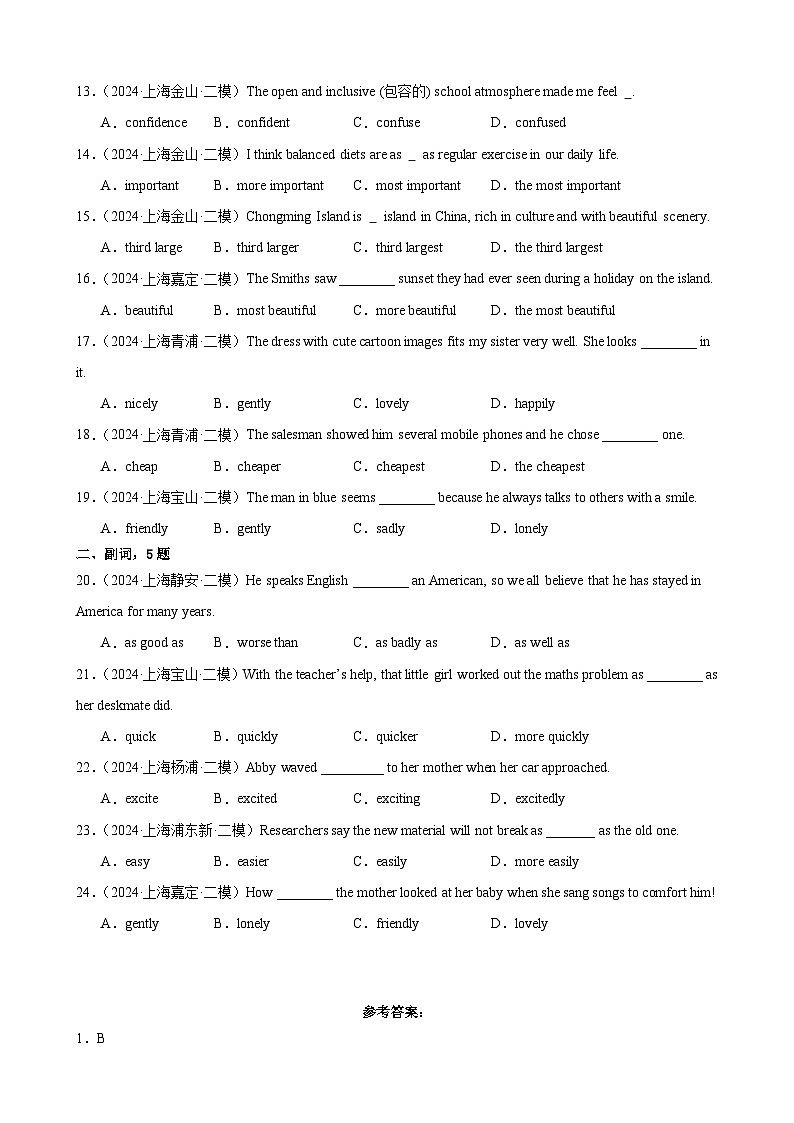 2024年上海市16区中考二模英语分类汇编 专题02 形容词及副词第3页