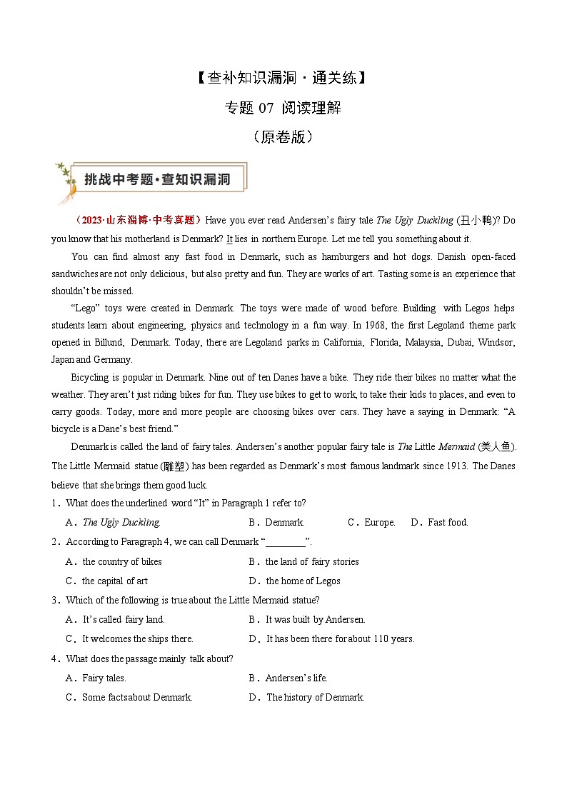 【查补能力漏洞·提升练】专题07 阅读理解-2024年中考英语三轮冲刺专项复习01