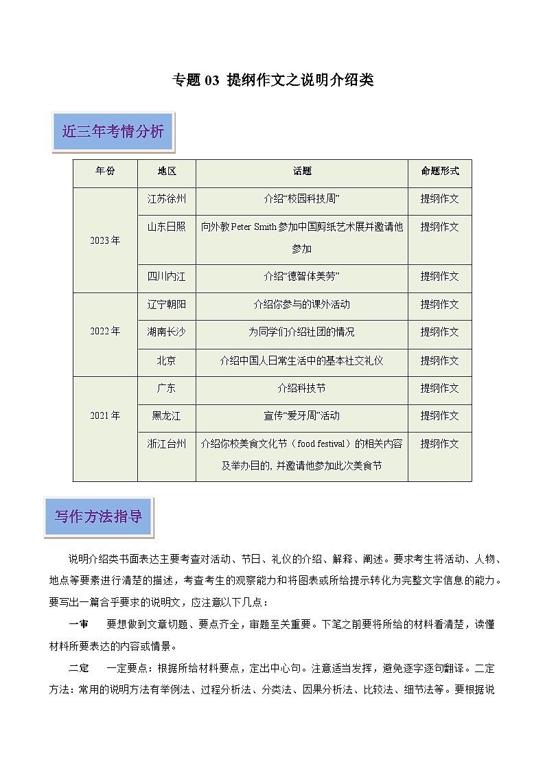 03 提纲作文之说明介绍类（原卷版）-2024年中考英语写作常考话题技巧和范文第1页