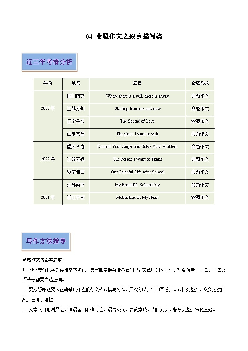 04 命题作文之叙事描写类（原卷版）-2024年中考英语写作常考话题技巧和范文第1页