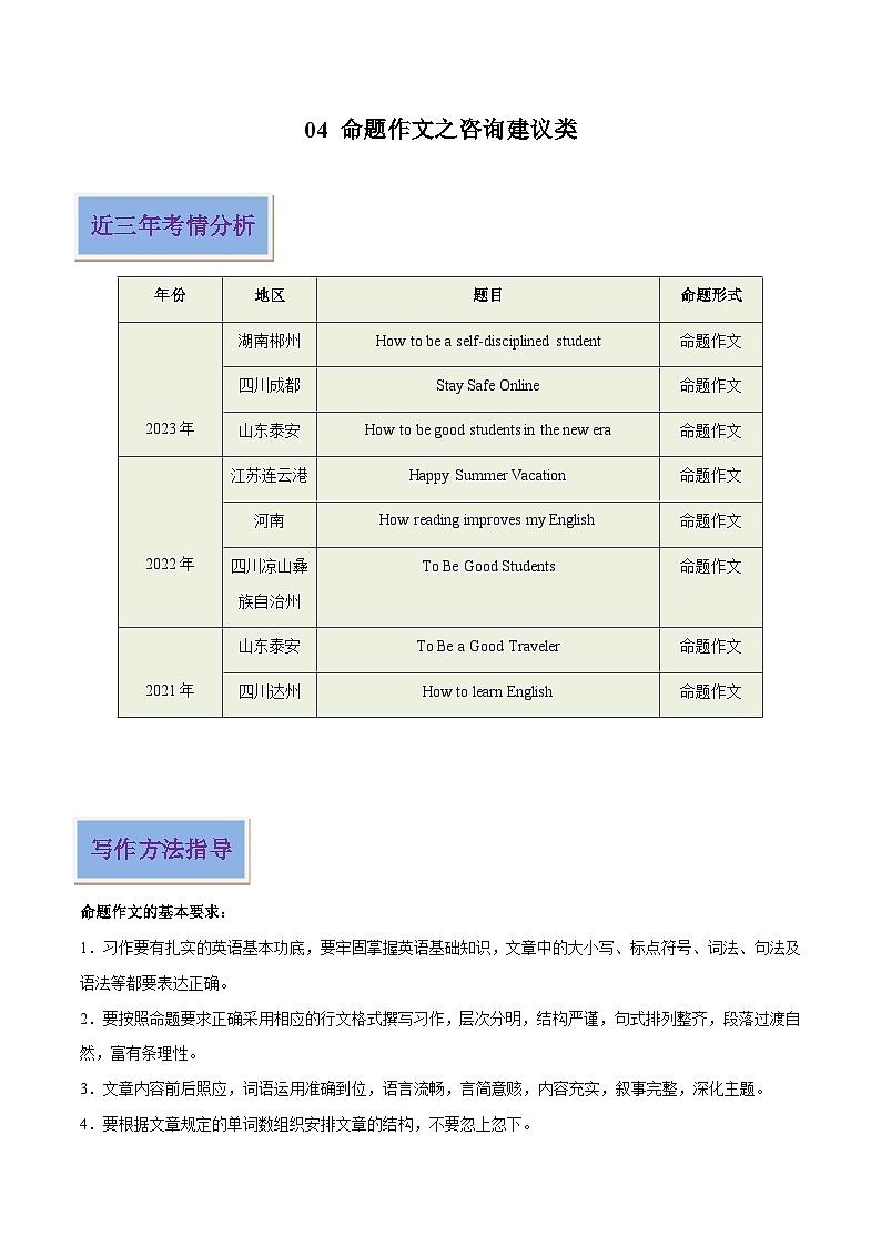 04 命题作文之咨询建议类（解析版）-2024年中考英语写作常考话题技巧和范文第1页