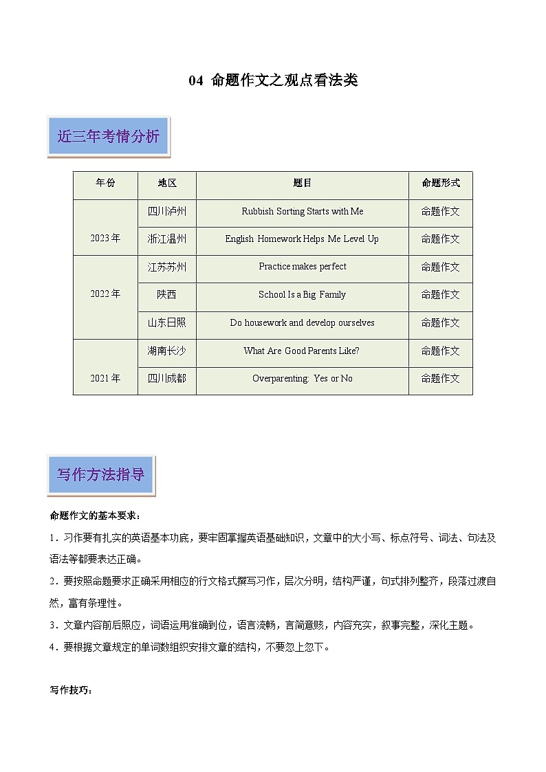 04 命题作文之观点看法类（原卷版）-2024年中考英语写作常考话题技巧和范文第1页
