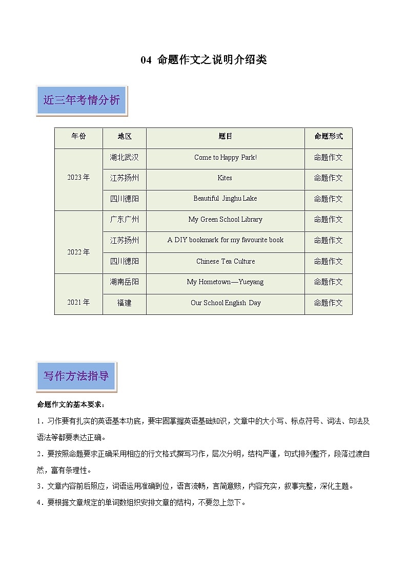 04 命题作文之说明介绍类（解析版）-2024年中考英语写作常考话题技巧和范文第1页