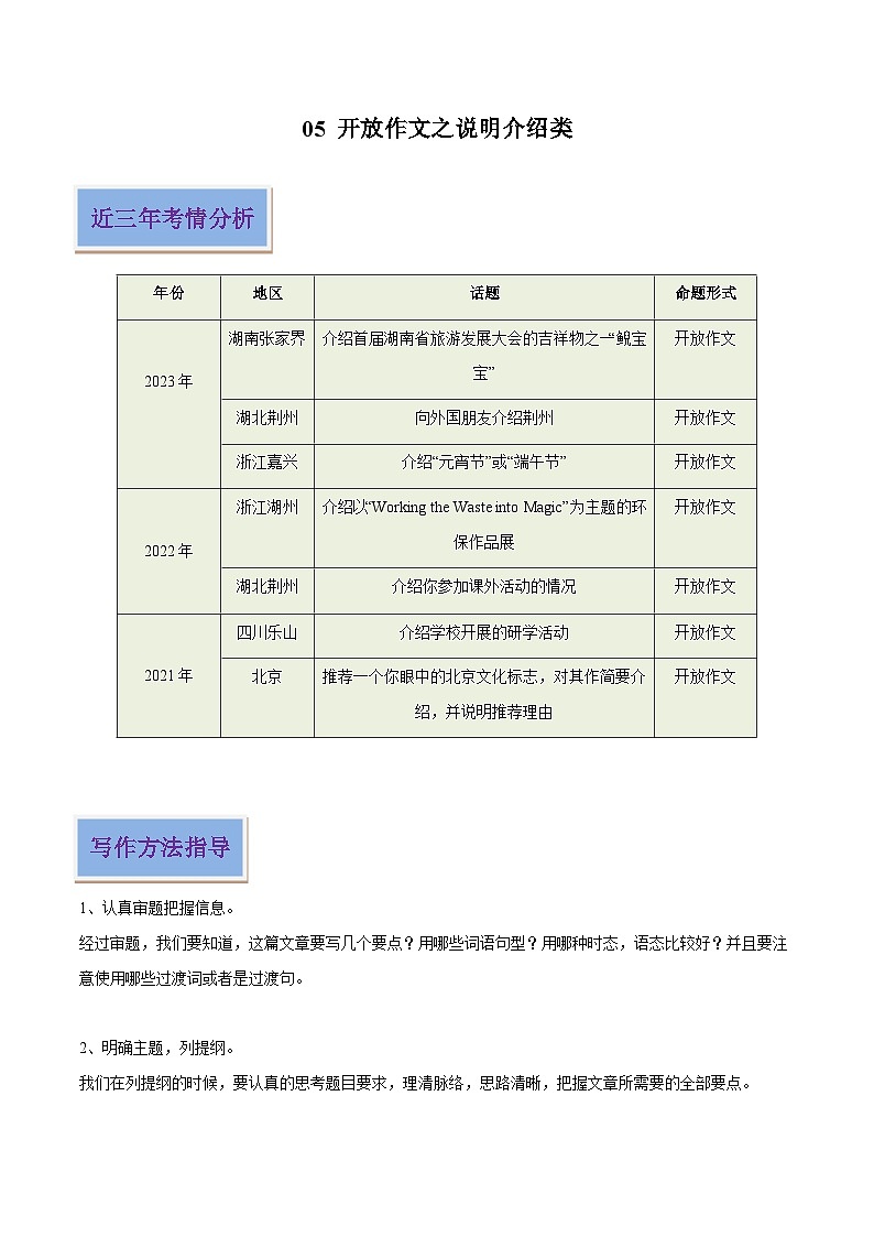 05 开放作文之说明介绍类（原卷版）-2024年中考英语写作常考话题技巧和范文第1页