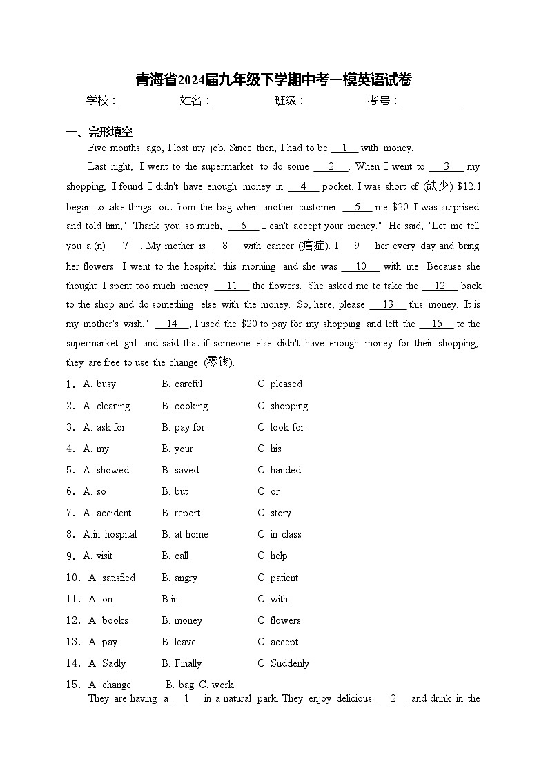 青海省2024届九年级下学期中考一模英语试卷(含答案)01