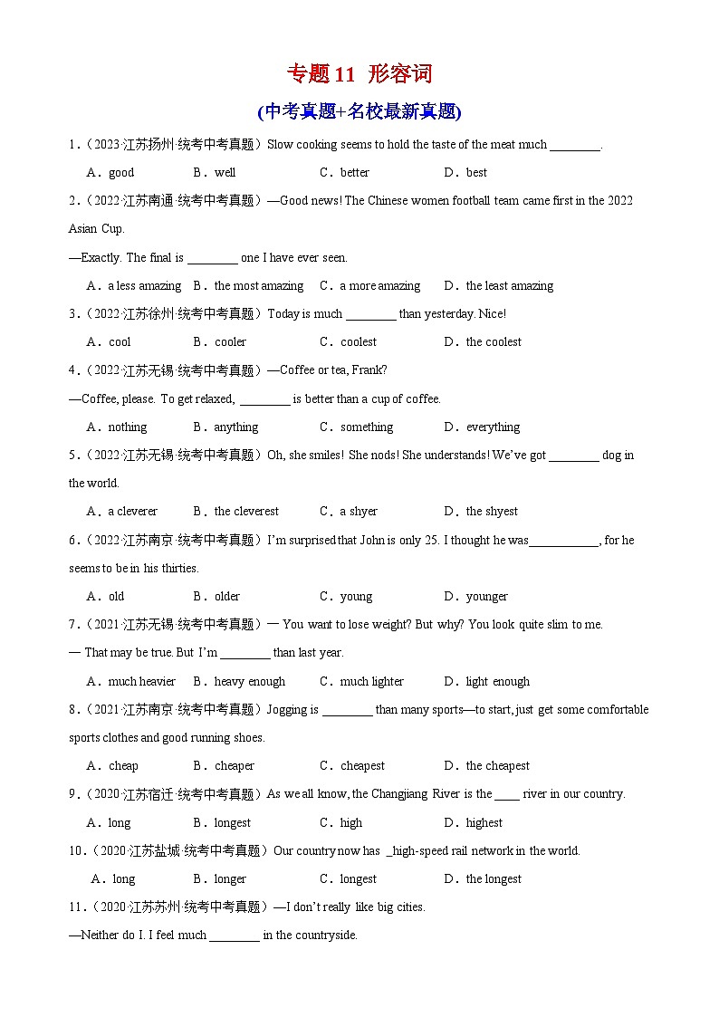专题11 形容词-备战2024年中考英语常考语法点+题型练习（中考真题+名校最新真题）（江苏专用）第1页
