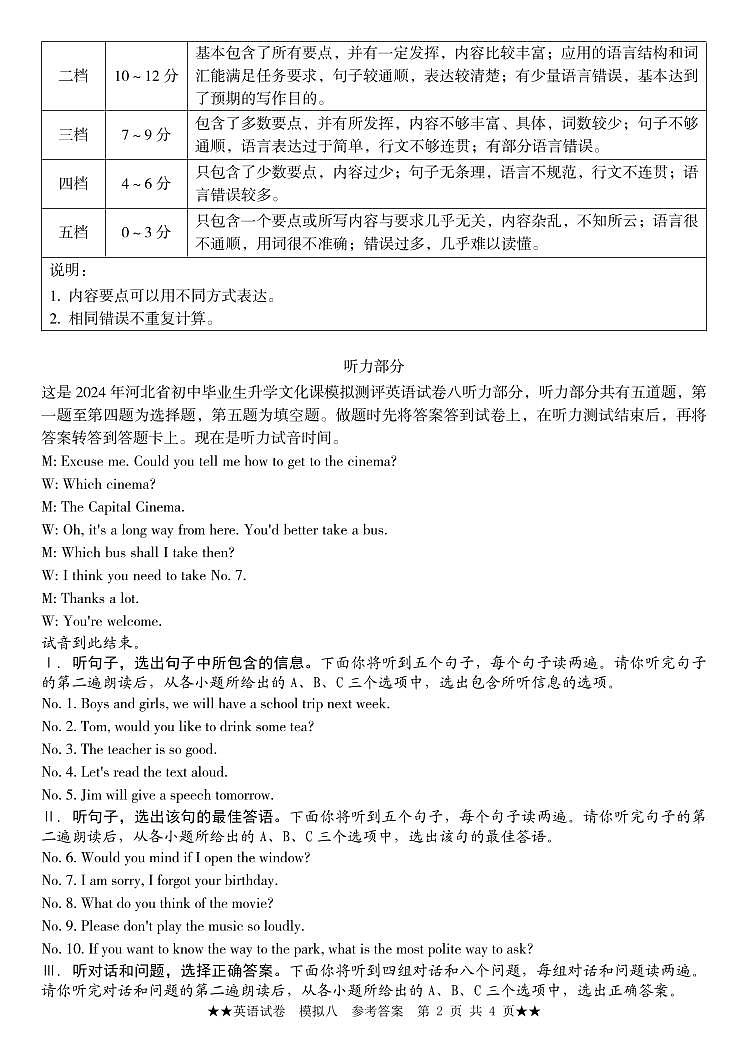 河北省承德市+围场县第二中学2023-2024学年九年级下学期中考模拟测评英语试卷（八）02