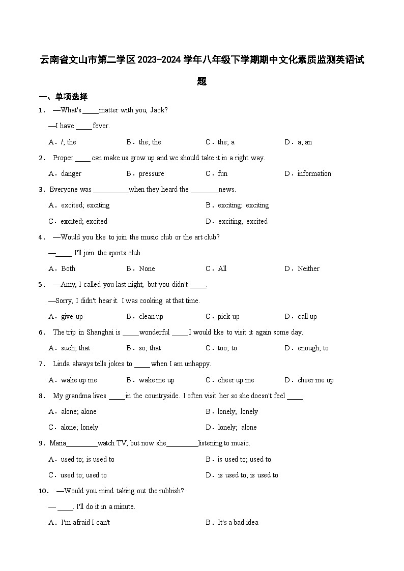 云南省文山市第二学区2023-2024学年八年级下学期期中文化素质监测英语试题01