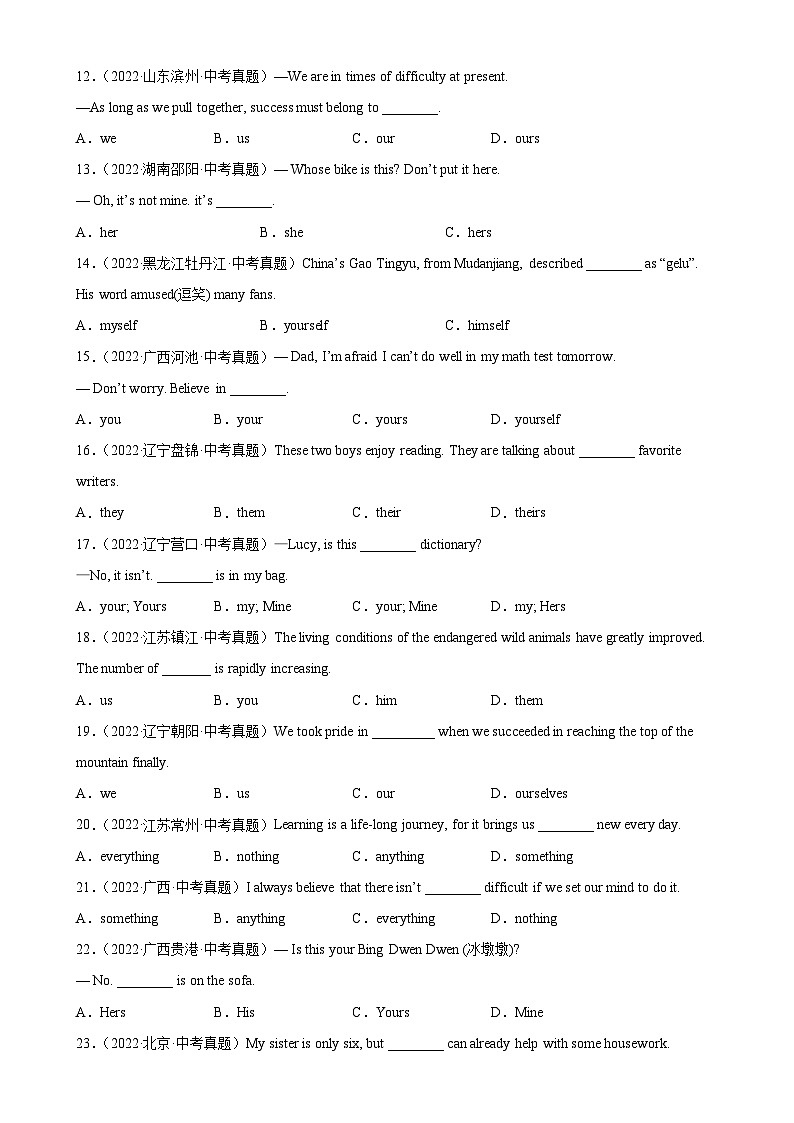 专题22 代词辨析100题-备战2024中考英语单项选择百题分类训练(中考真题+名地最新模拟题)第2页