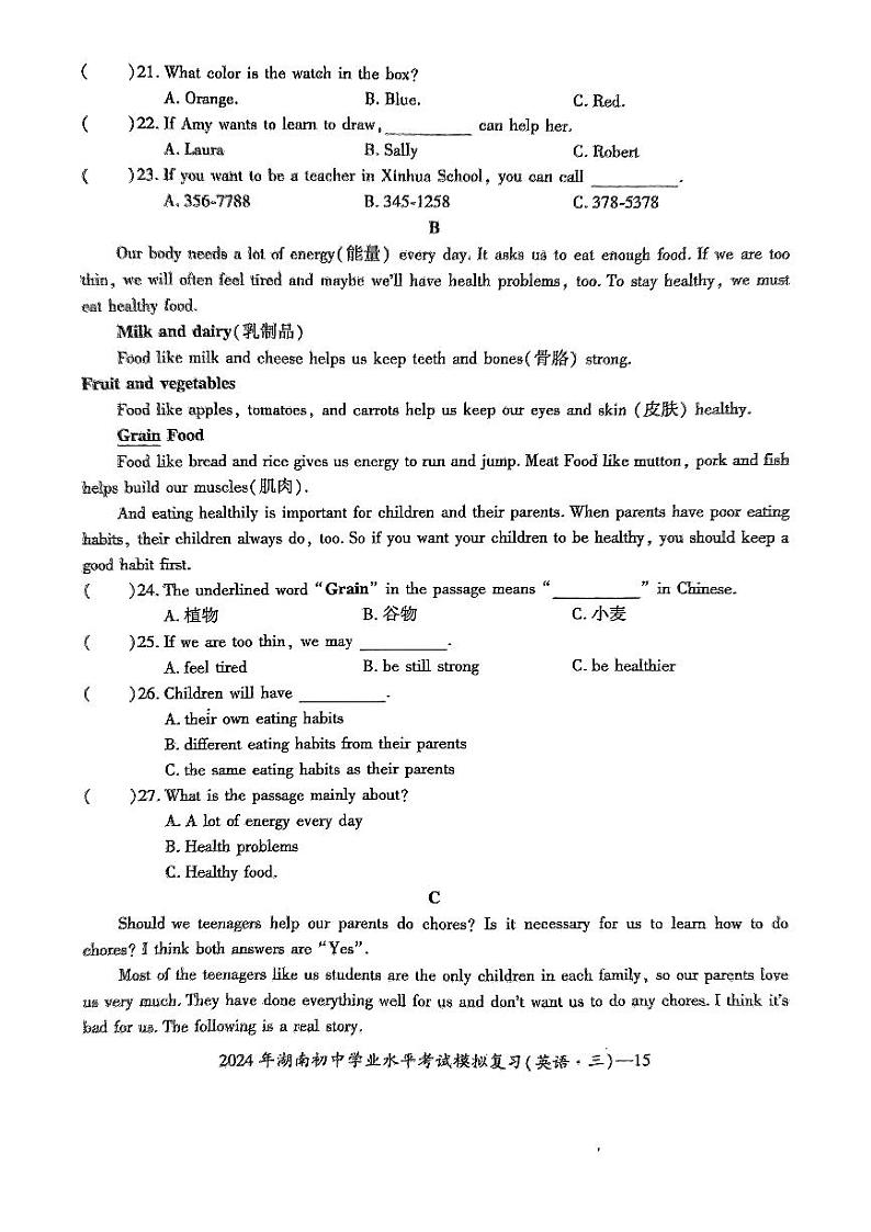 2024年湖南省邵阳市新宁县中考一模英语试题第3页