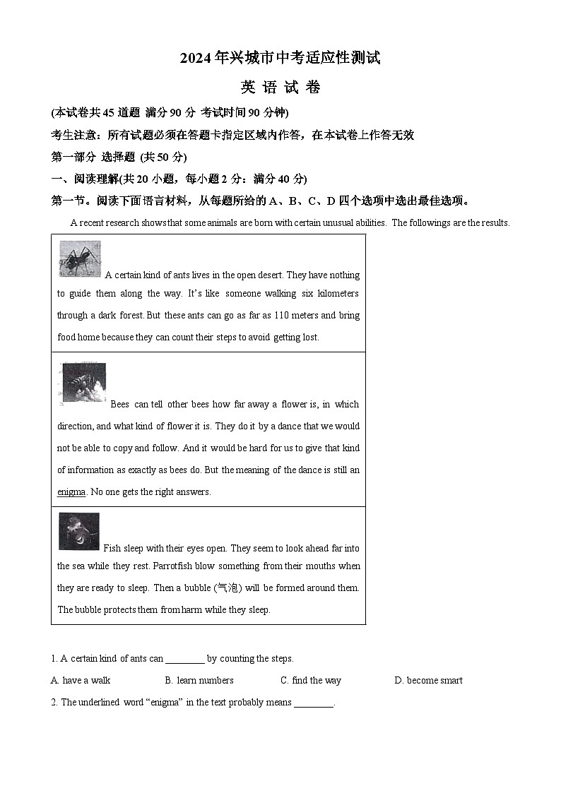 2024年辽宁省葫芦岛市兴城市中考一模英语试题（原卷版+解析版）03