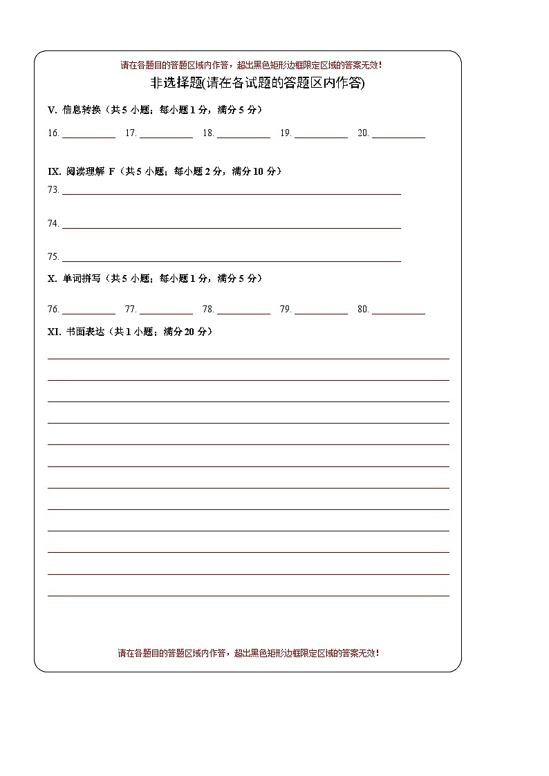 2023年中考考前押题卷：英语（安徽卷）（答题卡）第2页