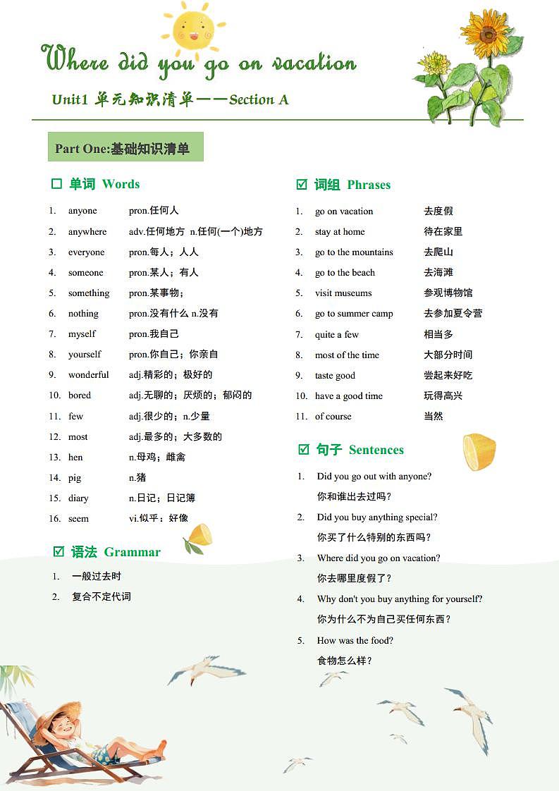 人教版初中英语8上Unit1 SectionA 单元知识梳理 (基础+知识点+语法)（word+PDF）01